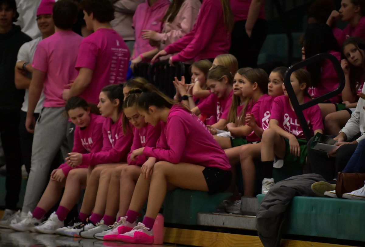Players watch from the bench during cancer awareness night, which honored Elyse Leiser, a 4th-grade teacher at Turtle Lake Elementary.