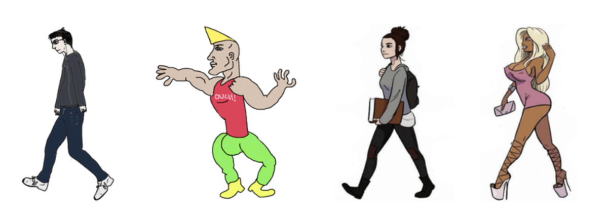 Pictured are depictions of incels (left), Chads (left-center), Beckys (right-center) and Stacys (right).